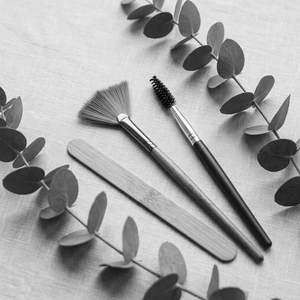 Flat lay of spa tools with eucalyptus, facial brush, spoolie and waxing stick
