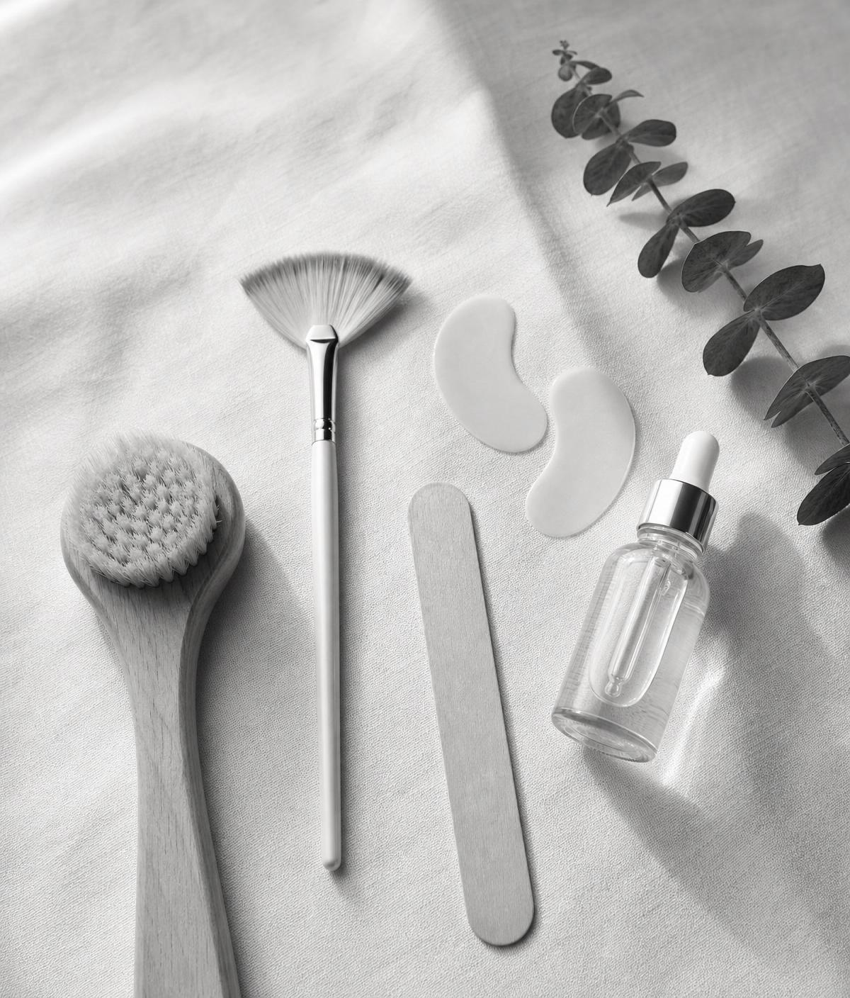 Black-and-white flat lay of facial brush, fan brush, waxing stick, under-eye patches and skincare bottle with eucalyptus